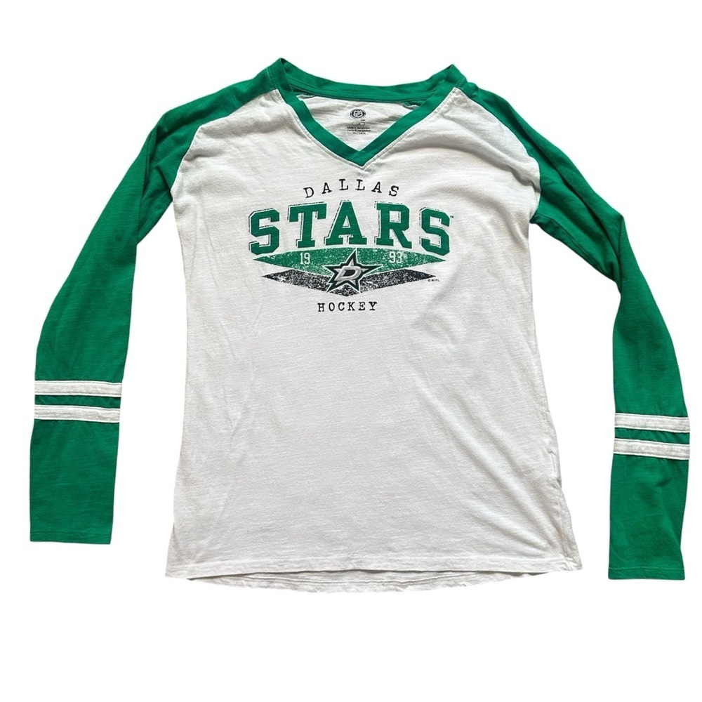 Dallas Stars NHL Hockey Long Sleeve Raglan Tee Green White Womens Large